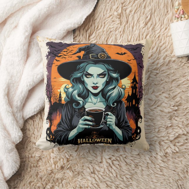 Coussin Une sorcière brasse de la magie sous une pleine lu (Couverture)