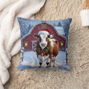 Coussin Une vache festive à Santa Hat Pays Noël