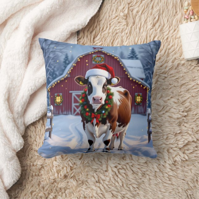 Coussin Une vache festive à Santa Hat Pays Noël (Couverture)