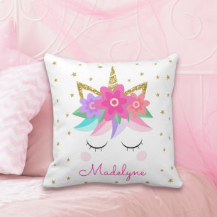 Coussin Unicorn Flowers Parties scintillant d'or Personnal