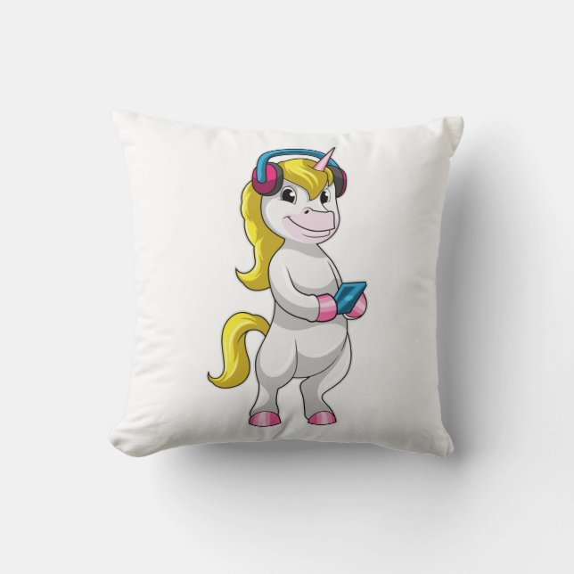 Coussin Unicorne à l'écoute de musique avec casque (Recto)