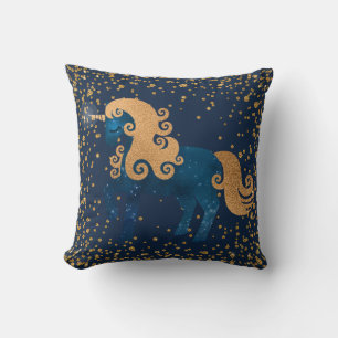 Coussin Unicorne bleu et or de la marine de minuit avec Co