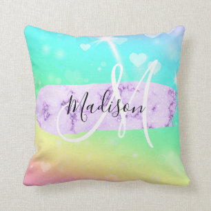 Coussin Unicorne colorée fille Coeurs arc-en-ciel Monogram