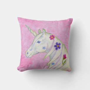 Coussin Unicorne de fleurs sur rose