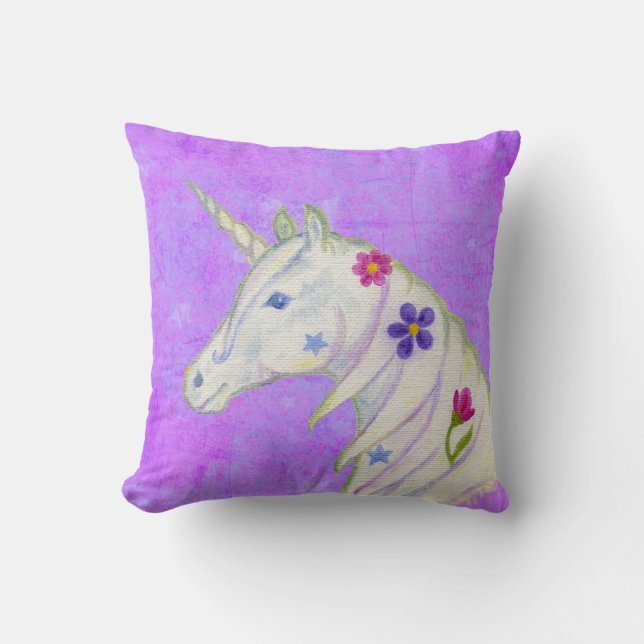 Coussin Unicorne de fleurs sur violet (Recto)