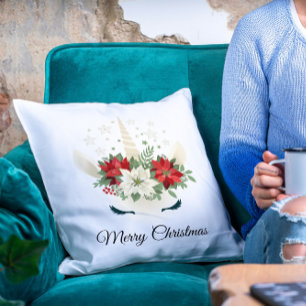 Coussin Unicorne de Noël floral Joyeux Noël