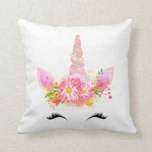 Coussin Unicorne Lashes Souriants Fleurs d'or Rose noir