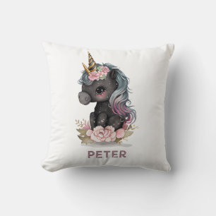 Coussin Unicorne noire mignonne avec Fleurs Aquarelle Unic