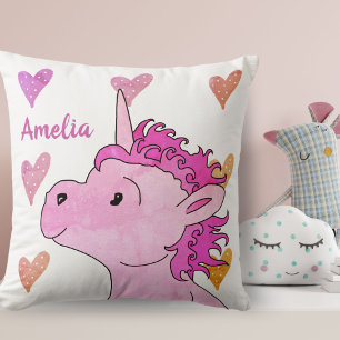 Coussin Unicorne rose mignonne et Coeurs Nom de la fille