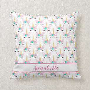 Coussin Unicorne souriante florale personnalisée