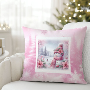 Coussin Unique Scène de Noël avec Bonhomme de Neige Rose p