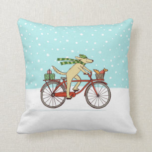 Coussin Vacances hivernales à vélo de chien et d'écureu