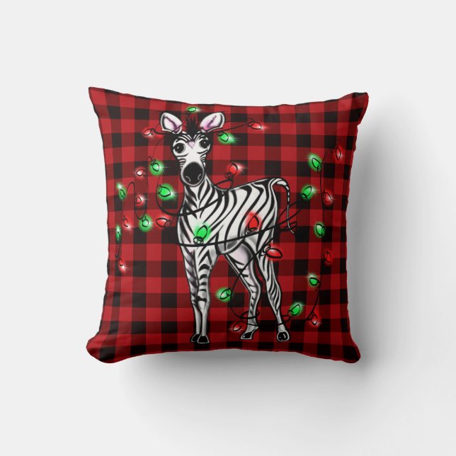 Coussin Vacances Zèbre, tartan rouge, lumières scintillant (Recto)