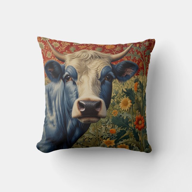 Coussin Vache bleu rétro dans le jardin de tournesol (Recto)
