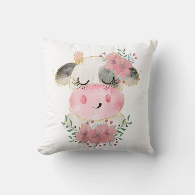 Coussin Vache d'aquarelle avec fleurs Jeu d'oreiller (Recto)