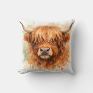 Coussin Vache des Highlands - Animaux à l'aquarelle