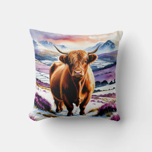 Coussin Vache des Highlands Neige Aquarelle Texte personna