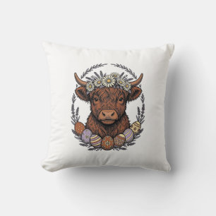 Coussin Vache des Highlands Pâques Art de l'oeuf floral vi