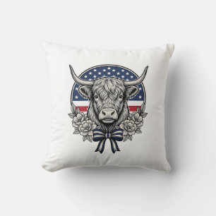 Coussin Vache des Highlands patriotique gravure vintage Ar