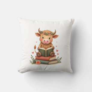 Coussin Vache des Highlands vintage lisant des livres Flor