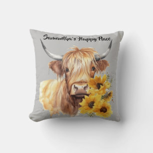 Coussin Vache écossaise Highland avec des tournesols. Modi