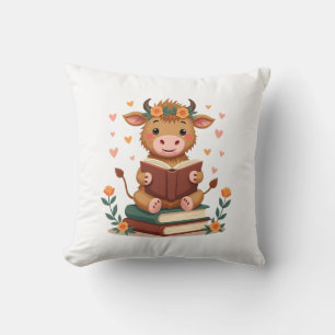 Coussin Vache Highland Vintage lisant des livres Floral Cu