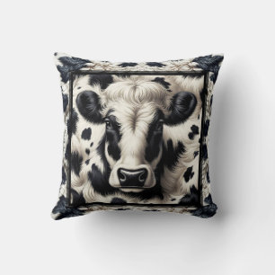 Coussin Vache noire et blanche Cuir de vache Poil Aspect v