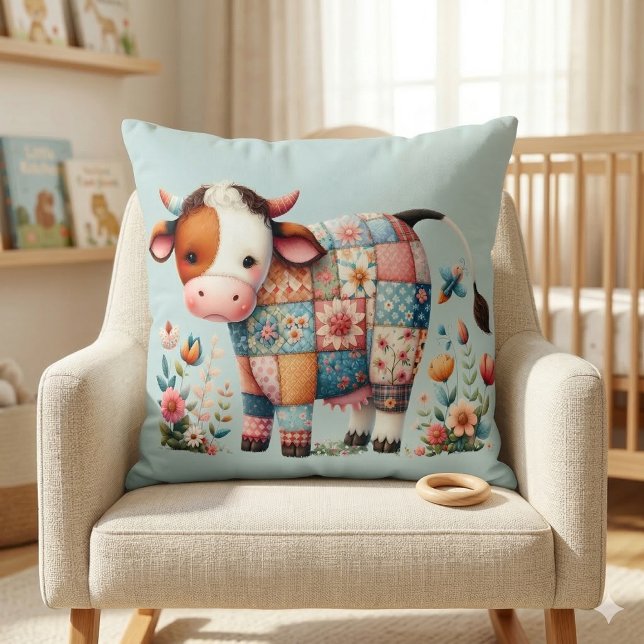 Coussin Vache Patchwork Fantaisiste avec Accents Floraux (Whimsical Patchwork Cow With Floral Accents Throw Pillow Mockup A)