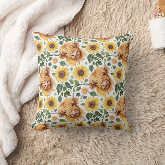Coussin Vaches Highland et fleurs de tournesol jaune (Couverture)