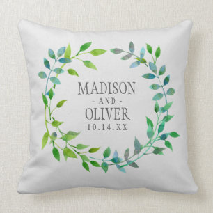 Coussin Vague de feuilles vertes d'aquarelle Mariage