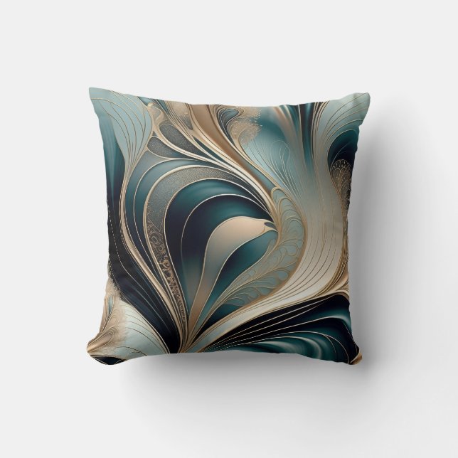 Coussin Vague dorée - Art abstrait sarcelle et or (Recto)