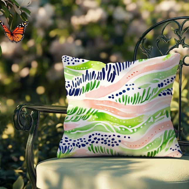 Coussin Vagues Abstraites Aquarelle Vert rose Bleu extérie (Créateur téléchargé)