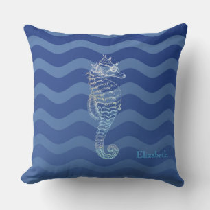 Coussin Vagues bleues marine nautiques, hippocampe