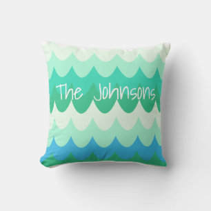 Coussin Vagues géométriques bleues, vertes et Turquoises