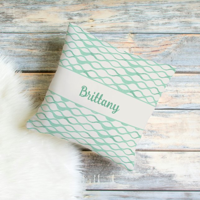 Coussin Vagues Vert Mousse de Mer Décoration Côtière Perso (Seafoam Green Teal Wave Pattern Coastal Decor Throw Pillow)