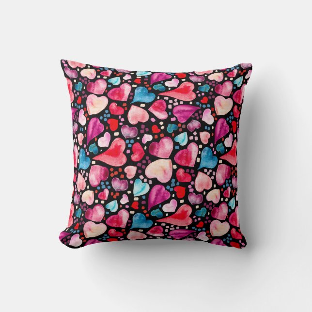 Coussin Valentina- Coeurs d'aquarelle et Confetti sur Noir (Recto)