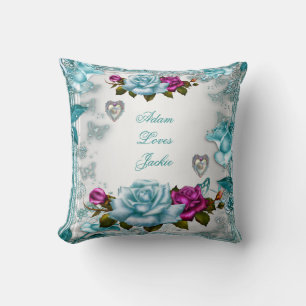 Coussin Valentine Rose Bleu Turquoise Rose Floral