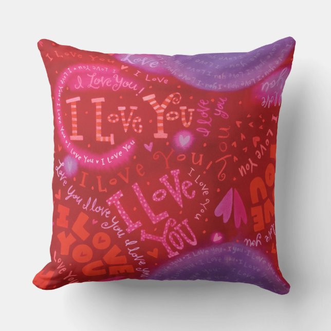Coussin Valentine Rose Coeurs rouges Je t'aime Typogrpahy (Recto)