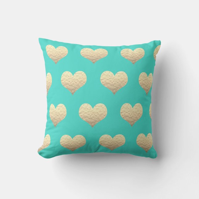 Coussin Valentine's Day Gold Heart Motif Turquoise Turquoi (Recto)