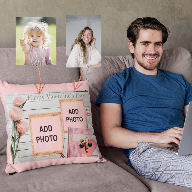 Coussin Valentines rustiques Roses roses et photos roses (Rustic Valentines Pink Roses & Photos Throw Pillow)
