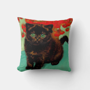 Coussin Van Gogh Chat noir Fleurs rouges
