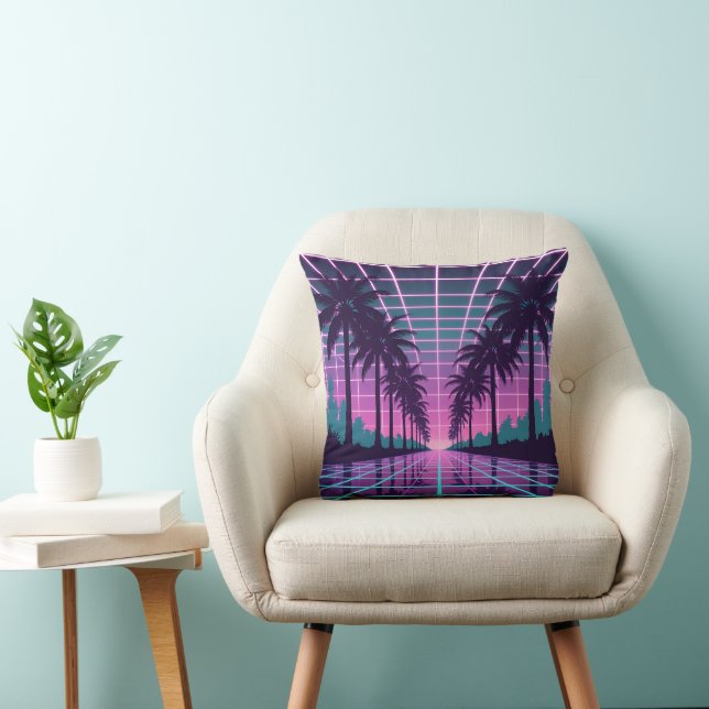 Coussin Vaporwave 80s Neon Grid Synthwave Art Poster (Chaise)
