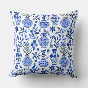 Coussin Vase à motif de chinoiserie bleu blanc vert