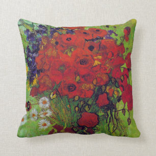 Coussin Vase avec des fleurs de Cornouailles et des pavots