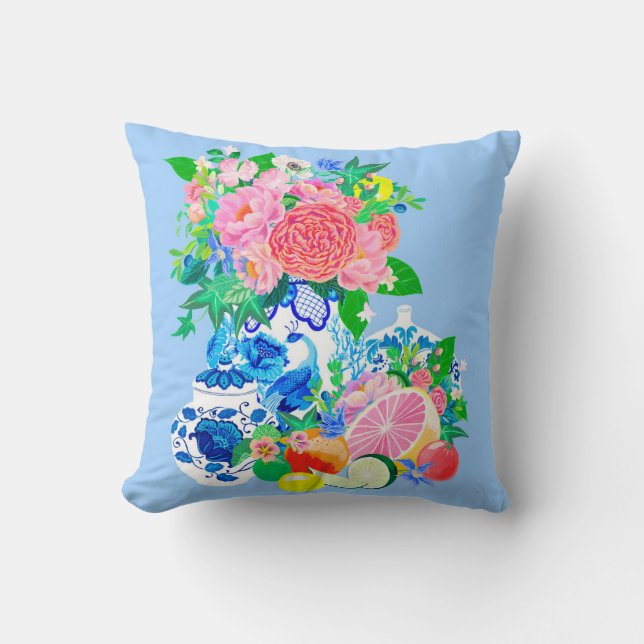 Coussin Vase Chinoiserie Peacock avec des pivoines et des  (Recto)