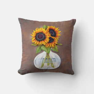 Coussin Vase de beaux tournesols sur marron rustique