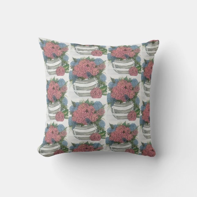 Coussin Vase ronde grise et blanche d'Hydrangeas et de piv (Recto)