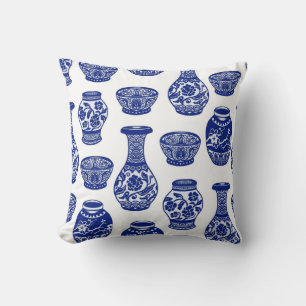 Coussin Vases en porcelaine chinoise bleue et blanche