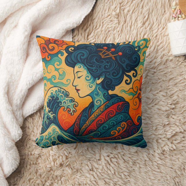 Coussin vectoriel oriental ondes de Geisha Kanagawa abstra (Couverture)