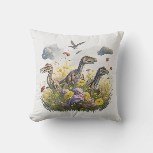 Coussin Velociraptors dans une prairie (Recto)